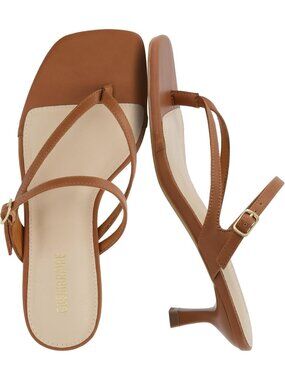Women's Brown Sandals Comfortable Buckle Strappy Madrid Kitten Heel Square Toe